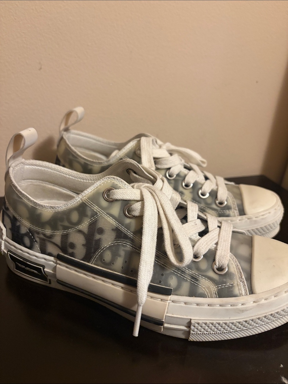 Dior Kids Low-Top Sneakers in White and Translucent Gray Monogram
